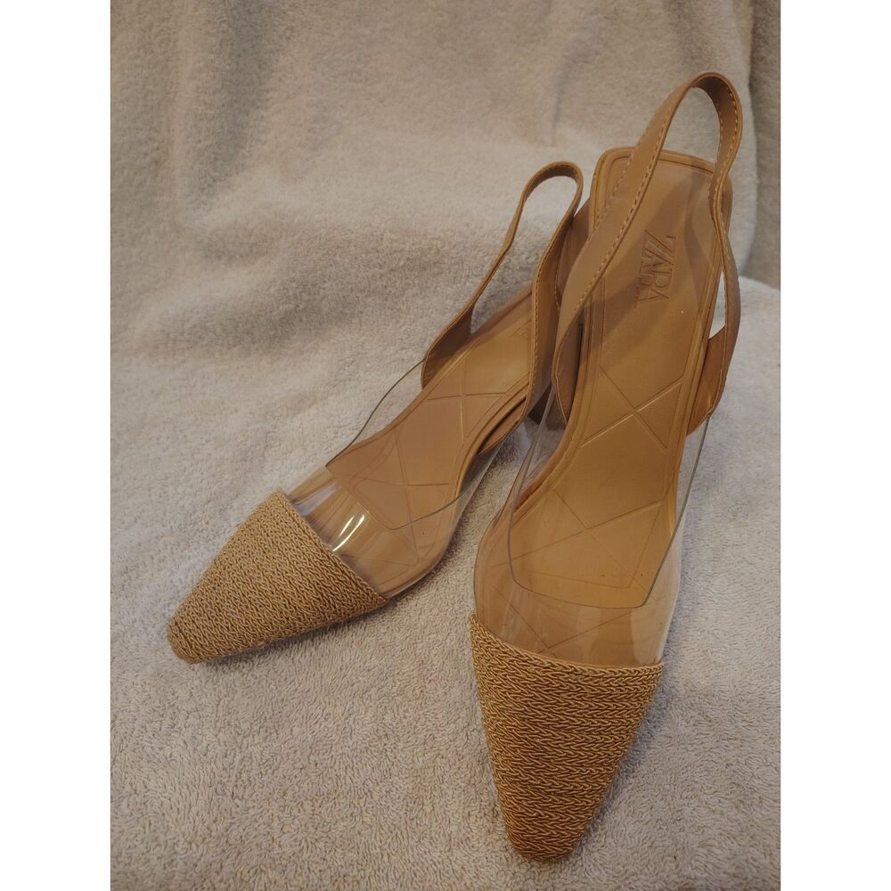 Zara Clear Slingback Block Heel Pumps Nude Raffia Pointed Toe Size 7.5/38